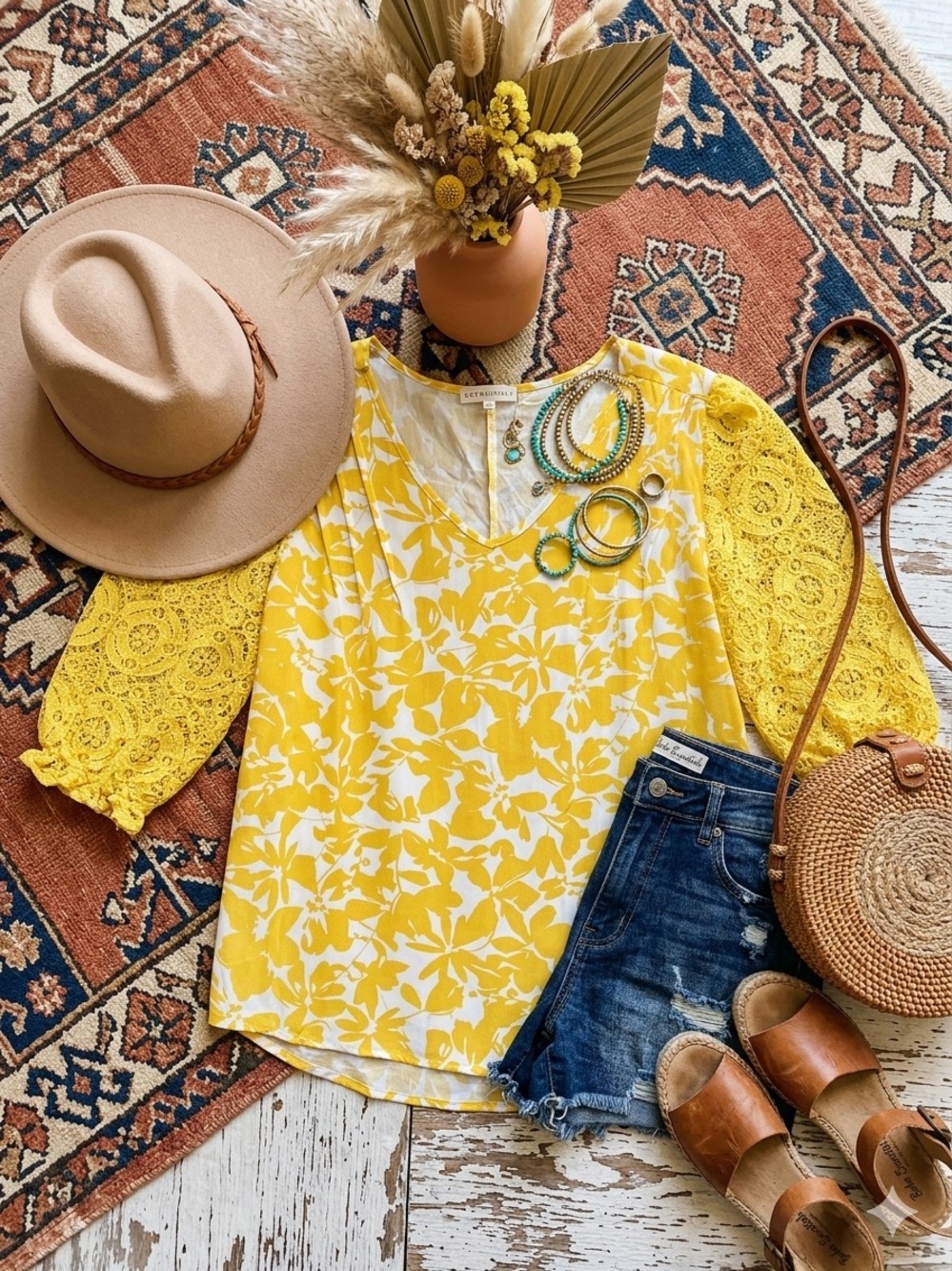 Retrology Yellow White Floral Lace Sleeve Blouse Boho Top 1X